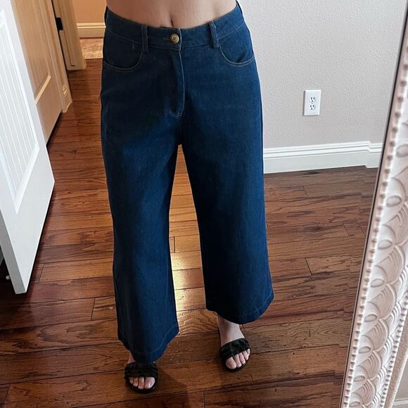 High Rise Dark Wash Wide Leg Cropped Jeans Modern Vintage Aesthetic Sz S - Picture 2 of 12